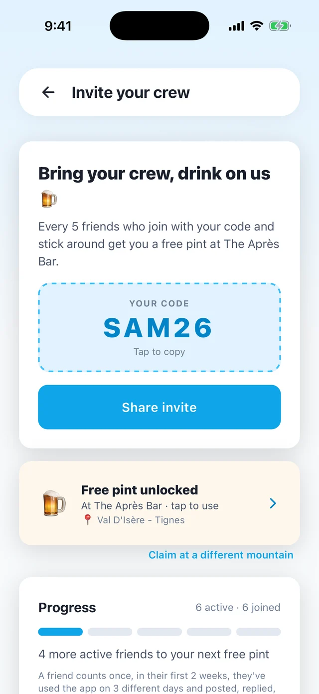 Invite screen with a personal invite code and a free pint unlocked